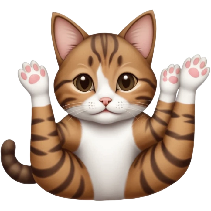 dark brown tabby and white small cat in funny positions upside down with paws covering eyes emoji