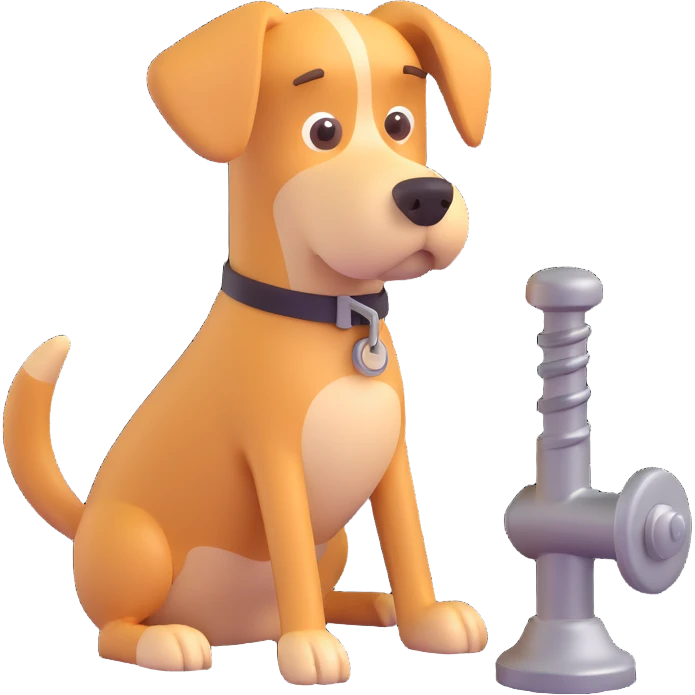 playful cartoon dog looking worriedly at a screw, visual pun for 'Don't screw the pooch' emoji