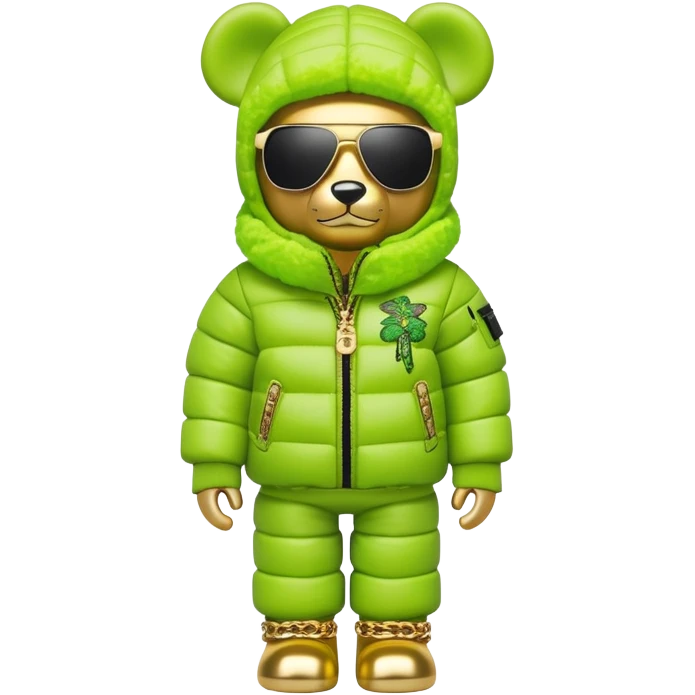 bearbrick figure with lime green grafitti-covered balaclava, voluminous puffer jacket with fur trim, single-piece wrap-around sunglasses, heavy gold chains, luxury streetwear style emoji