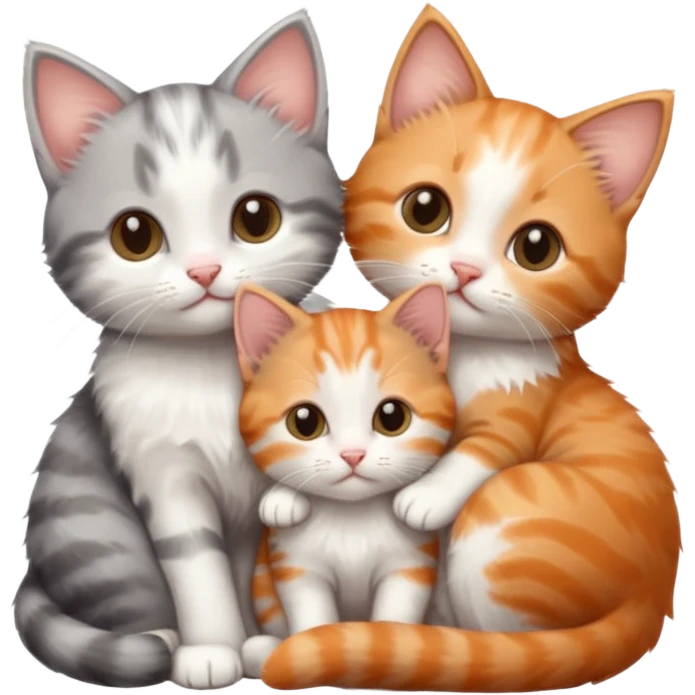3 tiny kittens cuddling together all different colours, the first one is grey and white, the second is ginger and white and the third is brown tabby and white emoji