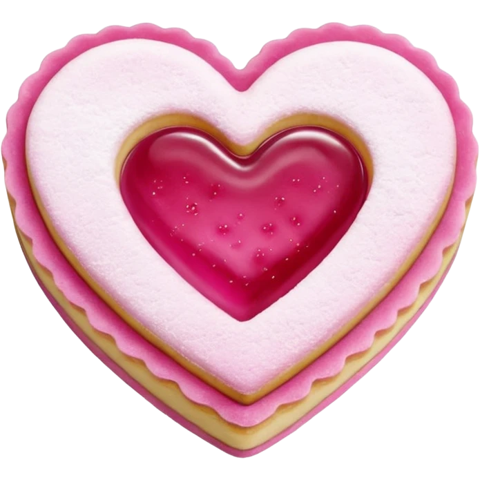 Realistic shortbread cookie in the shape of a heart with pink jelly middle filling and sprinkled powder sugar on top. emoji
