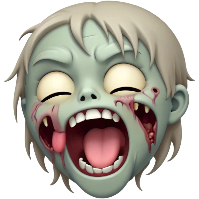 Cinematic Cute Yawning Zombie Portrait Emoji, with a delightfully quirky, slightly disheveled face in muted ashen tones, head tilted back in a big, funny yawn that reveals quirky stitches and playful gaps, simplified yet irresistibly charming, highly detailed with a soft, eerie glowing outline capturing the sleepy, offbeat vibe of a zombie taking a nap! emoji