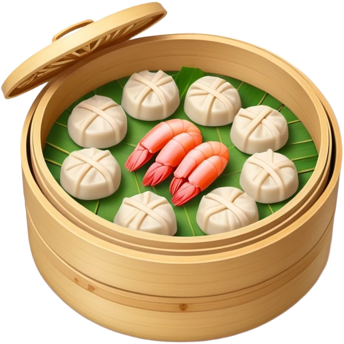 Cantonese dim sum bamboo steamer with shrimp dumplings, simplified emoji style with bold outlines and bright colors, cartoon style Chinese dim sum emoji