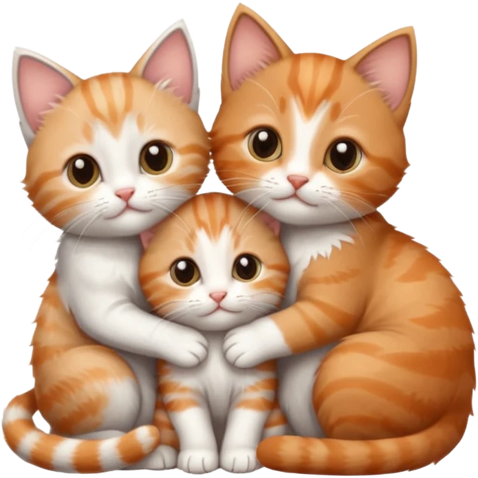 3 tiny kittens cuddling together all different colours, the first one is grey and white, the second is ginger and white and the third is brown tabby and white emoji