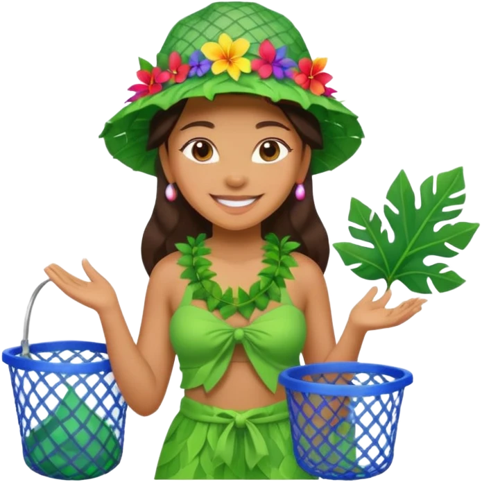 Hawaiian woman with leaf hat and big trash net and colorful cloth emoji