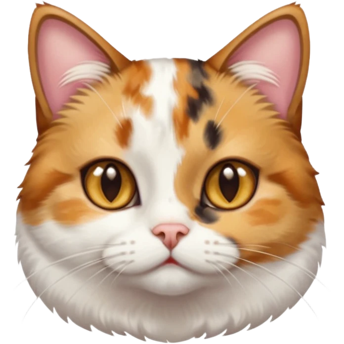 torbie and white cat with small head, hazel eyes, and short but chubby body emoji