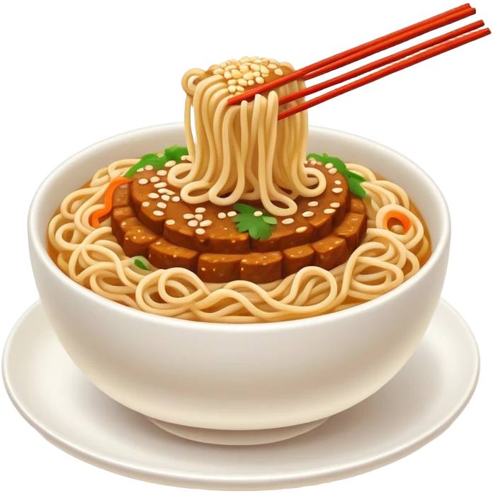 Wuhan Hot Dry Noodles with sesame paste topping, simplified emoji style with bold outlines and bright colors, cartoon style Hubei specialty breakfast emoji