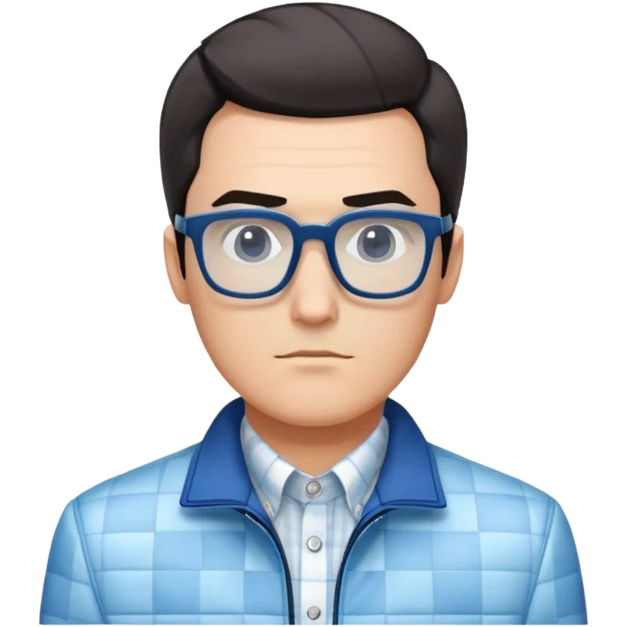 Man with square face, large dark square glasses, short straight hair combed to the side. Serious-relaxed expression. Light blue jacket, white shirt with blue checkered pattern. emoji
