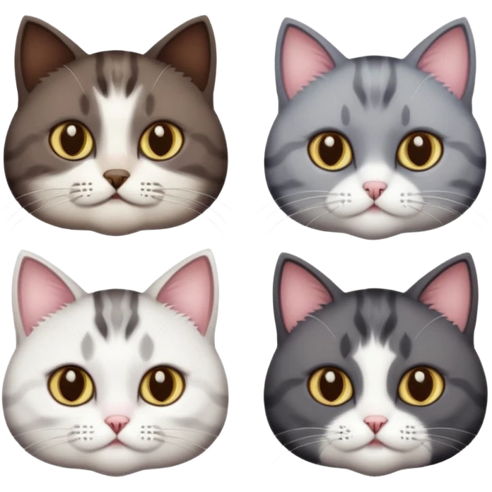 4 different coloured short haired cats including; a dark brown and white cat, and a dark grey and white  emoji