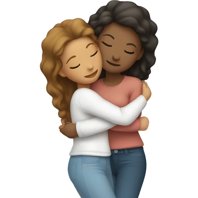 Two female best friends hugging each other, eyes closed, deep in loving hug, one wearing light blue and one and white emoji