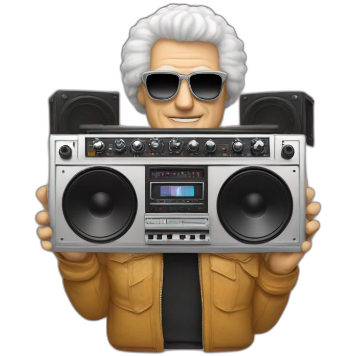 Bob Moog holding up a boombox emoji