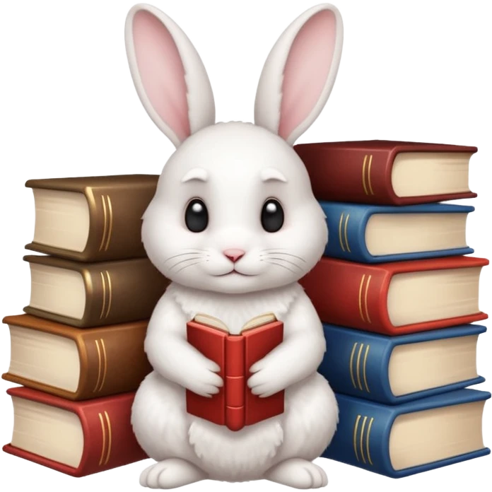 White rabbit sitting next to a stack of books consisting of 3 books emoji