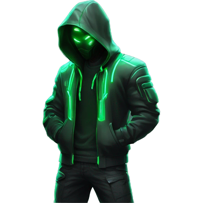 Side view developer behind his laptop with this style : crysis Cyberpunk Valorant neon glowing bright green character green black hooded assassin themed character emoji
