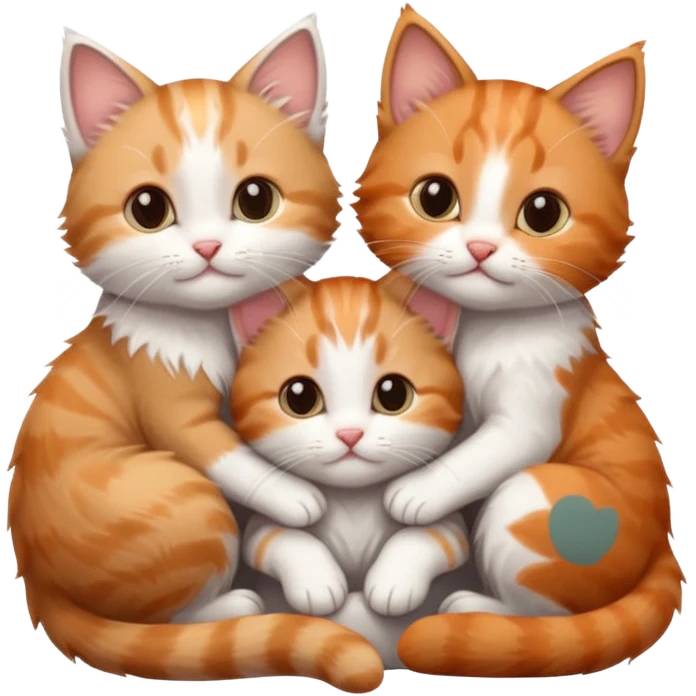 3 tiny kittens cuddling together all different colours, the first one is grey and white, the second is ginger and white and the third is brown tabby and white emoji