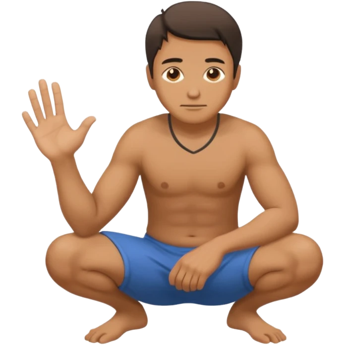 A man squatting down and holdig his hand flat a bit above the ground emoji