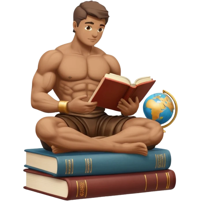 stoic muscular statue reading a book while sitting on books, globe present, emoji style emoji