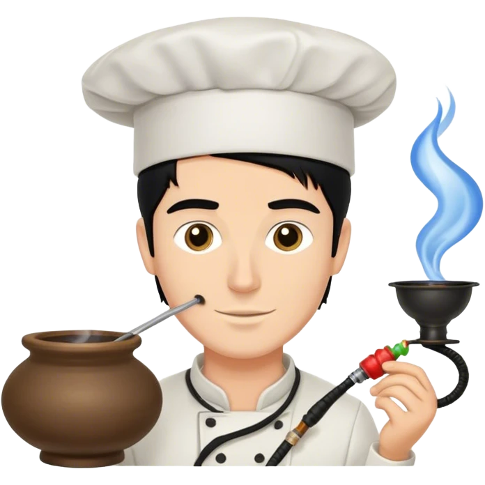 A white guy with black hair packing a hookah bowl with a chef hats  emoji