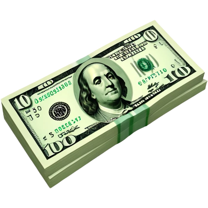 3D realistic US 100 dollar bill sticker, slight perspective, centered, clean cutout, transparent background, no text, no watermark emoji