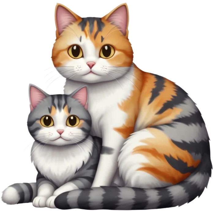 full body colourful light patched calico + white tabby cat cuddling a bigger cat that is dark grey and white tabby cat  emoji