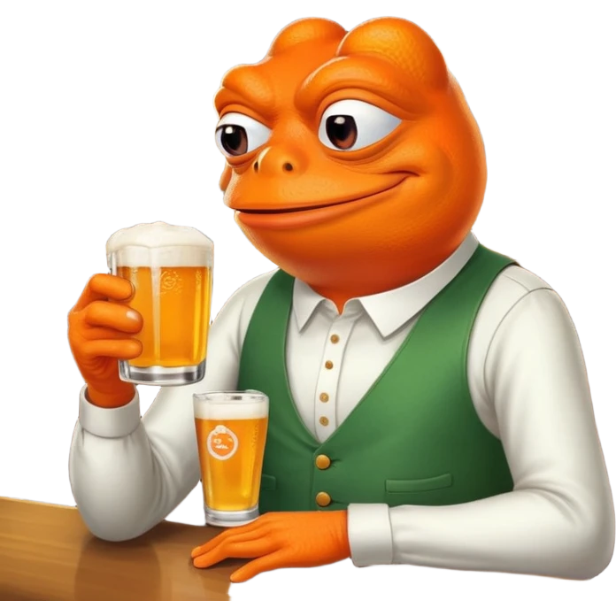 лягушка пепе платит оранжевой банковской картой в баре emoji