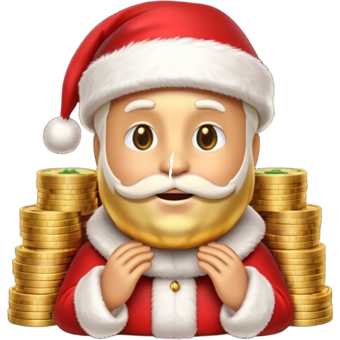 A confident rich emoji face wearing a Santa hat, money stacks, casino vibe, New Year theme, premium 3D emoji style, sharp details, no text, isolated on transparent background emoji