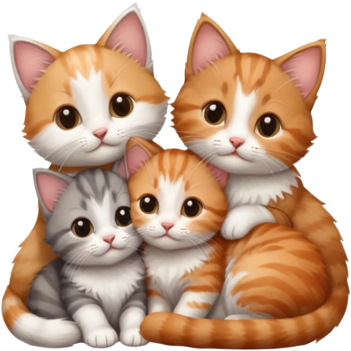 3 tiny kittens cuddling together all different colours, the first one is grey and white, the second is ginger and white and the third is brown tabby and white emoji