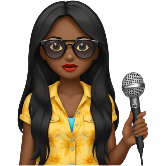 dark long haired woman with summer clothes and sun glasses holding microphone emoji