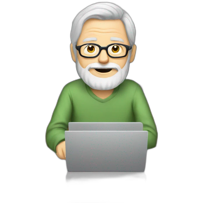 old man with grey hair and beard and glasses sitting at a desktop with computer emoji
