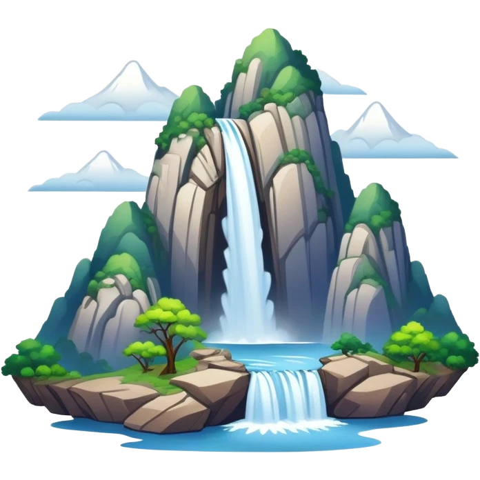 Mount Lu waterfalls and mist Jiangxi, simplified emoji style with bold outlines and bright colors, cartoon style misty mountain with waterfall emoji