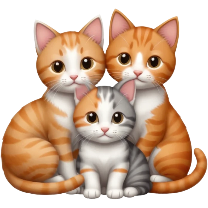 3 tiny kittens cuddling together all different colours, the first one is grey and white, the second is ginger and white and the third is brown tabby and white emoji