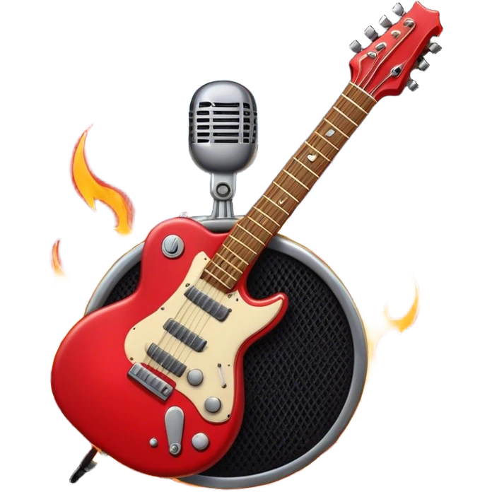 Create a bold and dynamic emoji representing rock vocal performance in a humanless collage. The design should feature a vintage microphone at the center, surrounded by key rock elements like an electric guitar, drumsticks, and a guitar pick. Include symbols of energy, such as lightning bolts or flames, and subtle musical notes or sound waves to evoke the raw power of rock vocals. Use dark, bold colors like black, silver, and red, with hints of chrome or metallic accents to convey the edgy, rebellious spirit of rock music. The background should be transparent. emoji