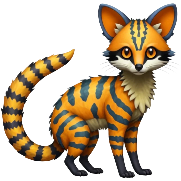 Rare warm-colored lush exotic edgy epic aesthetic gloomy spooky dark modern colorful cyber-Genet-Trico-species-Fakemon-hybrid-creature, with beautiful intricate markings, full body emoji