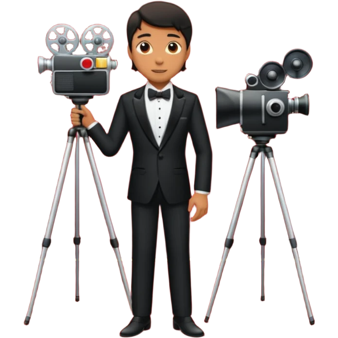 an actor standing on a red carpet with a formal tuxedo, with only one movie camera on a tripod next to him. emoji