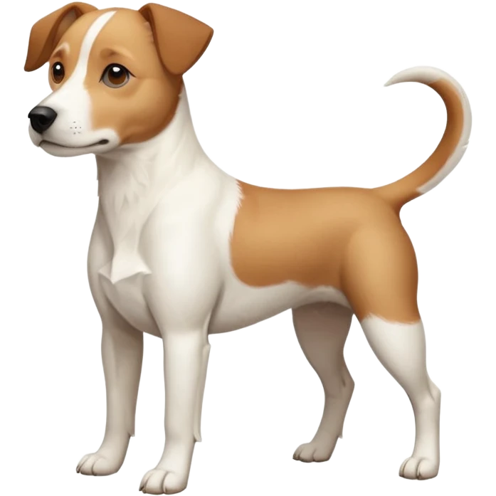 a full body facing front on of a buff white beagle cross jack russell terrier looking dog the size of a kelpie with light brown long ears resting on its face and a light brown patch above one eye and a large snout. the rest of the dog is completely white.  emoji