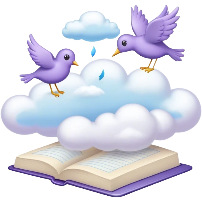Create a whimsical and poetic emoji symbolizing poetry. The design should have several elegant pages floating smoothly in the air with short poetic columns written on them. Surround the pages with soft, fluffy clouds and include white birds flying out of the clouds, symbolizing freedom and creativity. Add a white pen resting gracefully on the pages and an inkwell. The overall color palette should include soft pastel tones such as light blue, purple and cream, which will add airiness and dreaminess to the design. Make the background transparent emoji