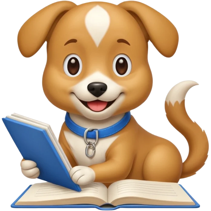 playful dog wagging tail with homework in mouth, apple style emoji emoji