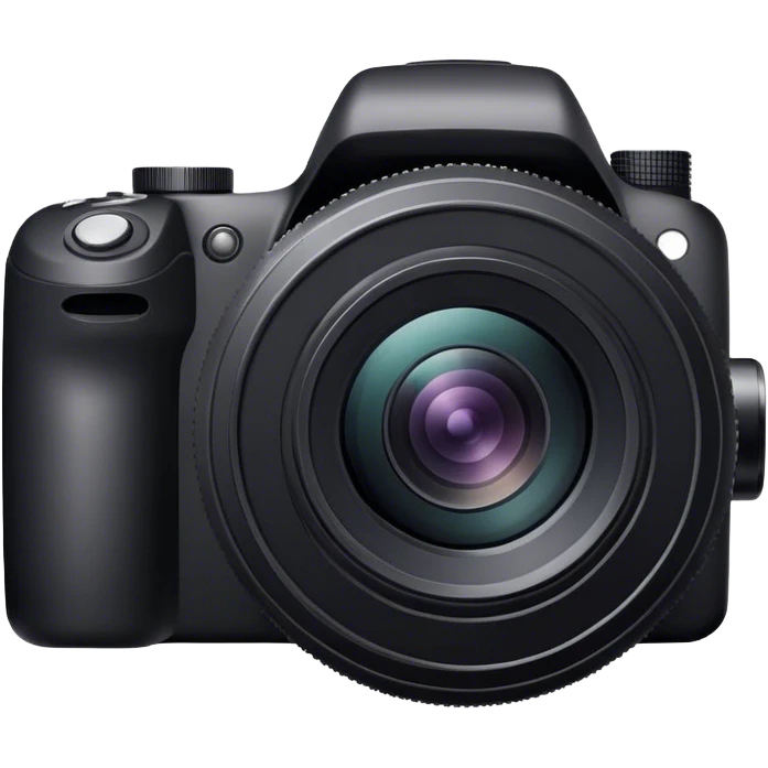 Photography icon, black camera with large lens, camera in focus, minimalistic style, clean lines, transparent background. emoji