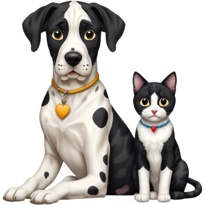 Harlequin great dane dog sitting with a black and white cat emoji