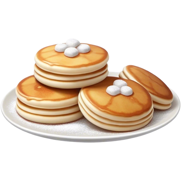 Cinematic Realistic Poffertjes Dessert Emoji, depicted as small, fluffy mini pancakes dusted with powdered sugar rendered with lifelike texture and warm, inviting lighting. emoji