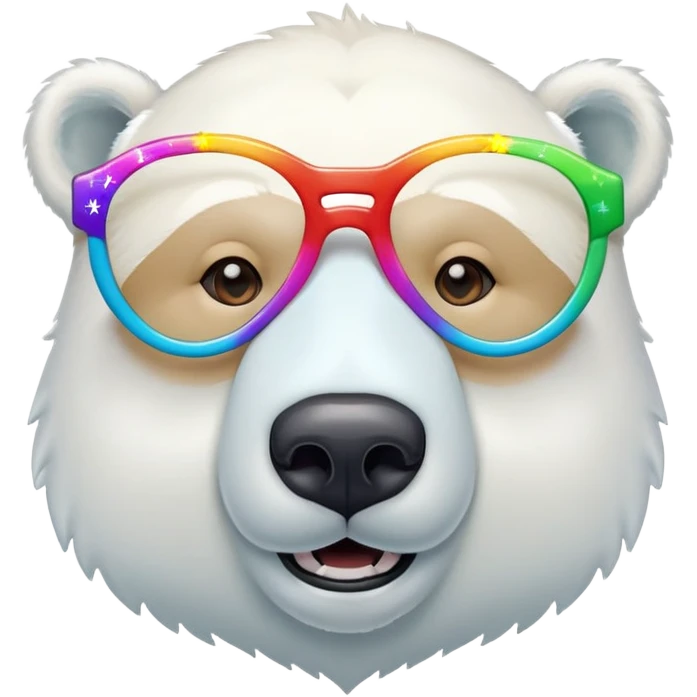 close up headshot of a friendly anthropomorphised polar bear wearing oversized colorful star glasses emoji