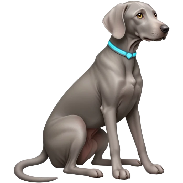 cinematic-[weimaraner-realistic-full-body-sitting-emoji,-tail-resting-loosely-beside-its-paws,-head-tilted-dramatically, -sleek-[grey]-fur,-simplified-yet-realistic-focused-features,-highly-detailed,-glowing-with-an-almost-sarcastic-glow emoji