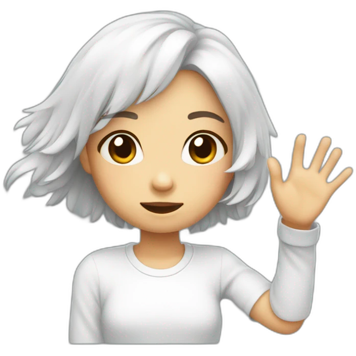Cute girl with a white sweat a bit shy say hello and wave with hand emoji