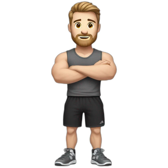 Close up Actively gesturing  with hands Pale skinned Fit Man With the biceps and brown hair in dark gray Sleeveless Mike, black oversize sports shorts, watch and white Sneakers emoji