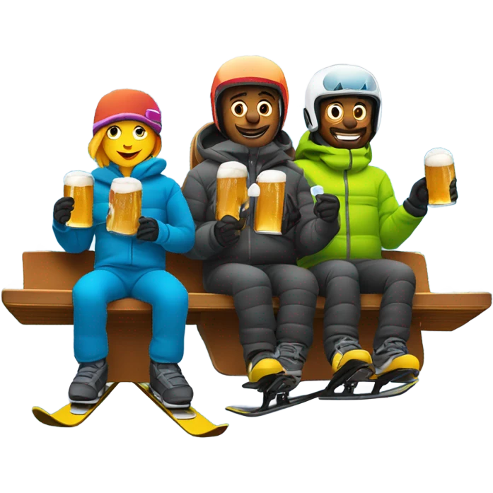 Two skiers and one snowboarder on chairlift with beer  emoji