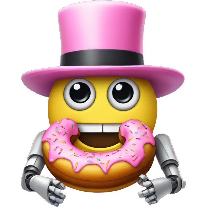 Robot wearing a pink bowler hat with a donut emoji