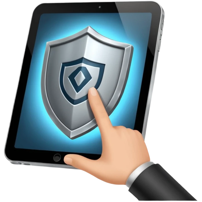 hand holding a tablet with a shield symbol emoji
