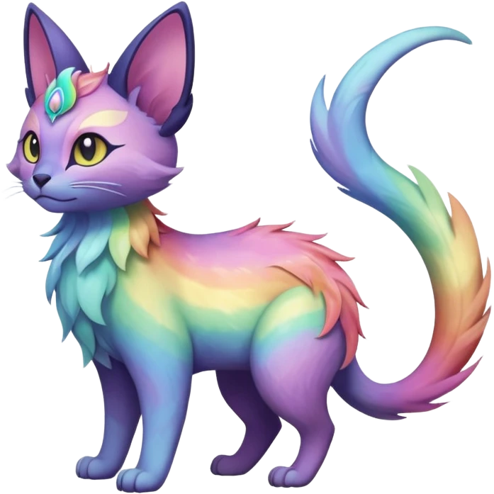 White pastel iridescent rainbow-gradients-color-marked with swirly patterns butterflies  faerie-Noivern-Noibat-Purloin-Torracat-Lykoi-Caracal-cat-Fakemon-fusion-hybrid-creature emoji