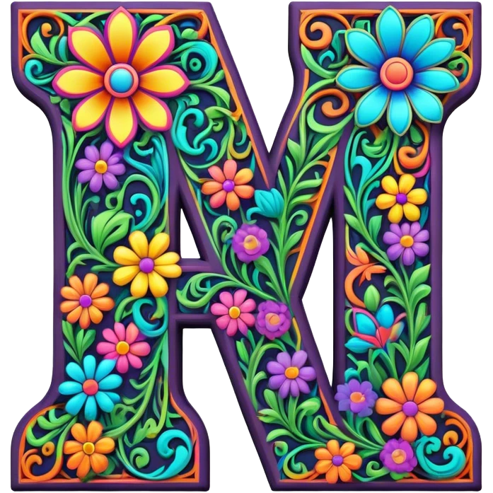 3D, gothic style psychedelic colored Letter W with hippie style flower border emoji