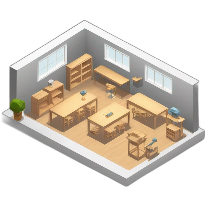 isometric square solid outline border containing indoor creative workshop handmade woodworking factory people actively working cnc machine tools simple clean industrial brutalist emoji