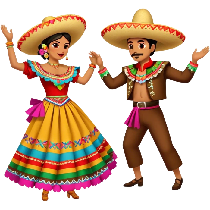 Cinematic Realistic scene of two performers dancing the Jarabe Tapatío, dressed in colorful traditional Mexican costumes with intricate embroidery, captured in energetic, festive motion with vibrant, celebratory lighting emoji